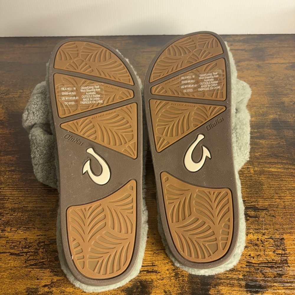 Olukai Hila Heu Wool Shearling Slippers Womens Sz 11 Muted Green Cozy Comfort - Picture 8 of 9